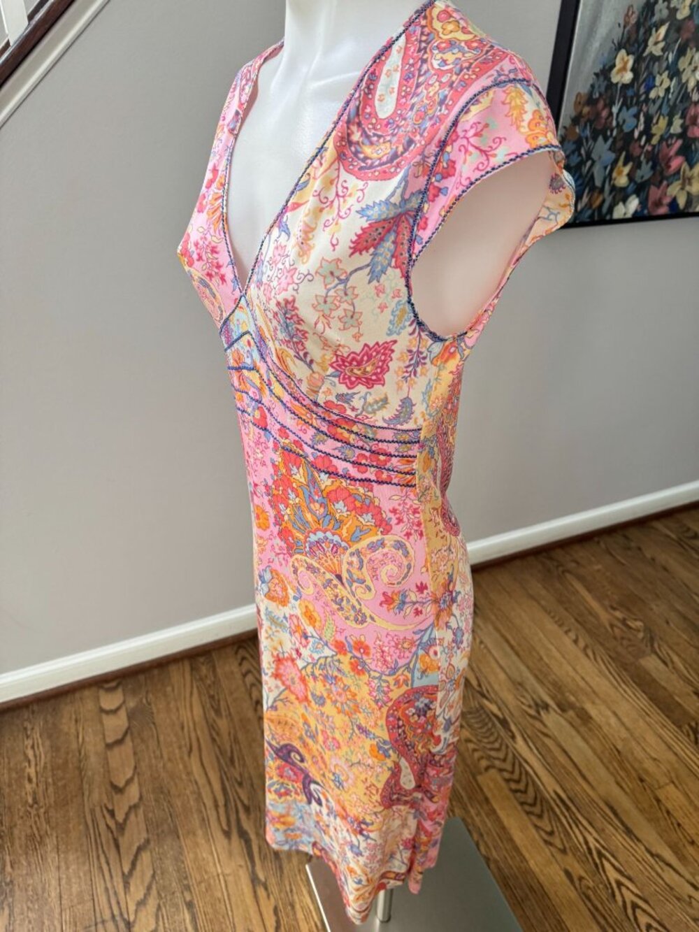 ETRO Y2K floral print babydoll v neck midi dress pink paisley size 44 / 8 - Picture 2 of 3